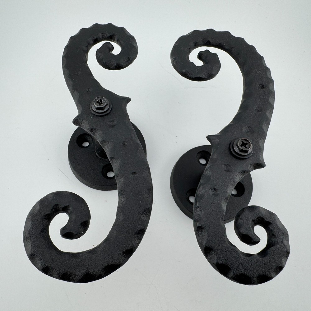 1 Pair - Black Galvanized Iron Scroll Post Mount Shutter Dogs w/ Hammered Edge
