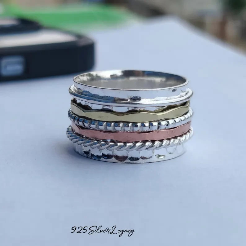 Hammered Spinner Ring, Silver With Copper Brass Spinner Ring, Fidget , All Size