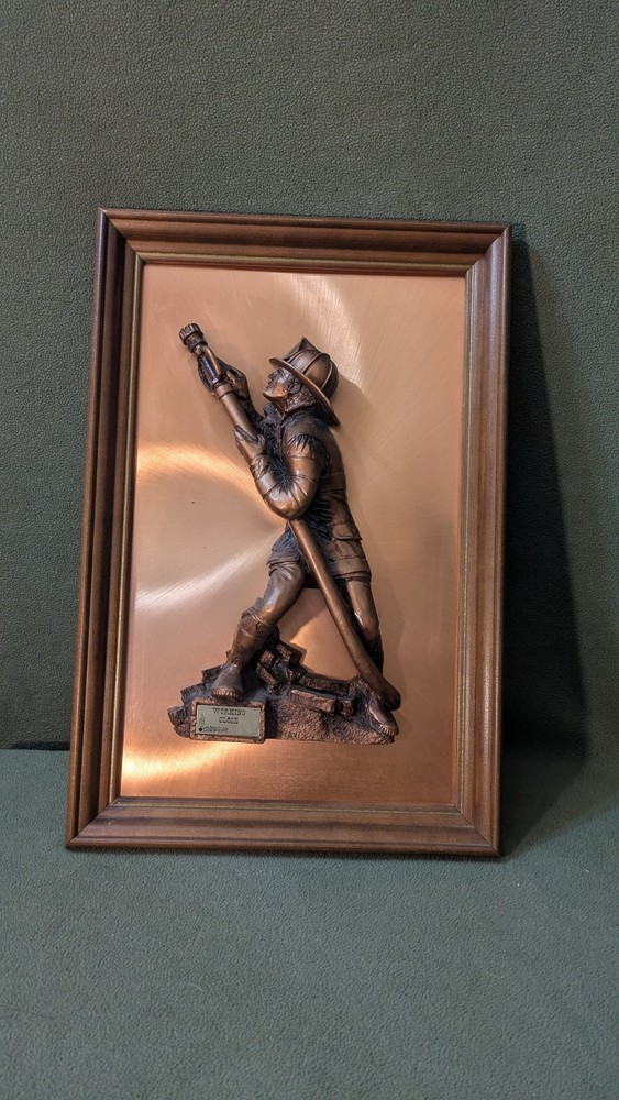 Vintage 70's Peter Friedling Copper Framed Wall Hanging Working Firefighter
