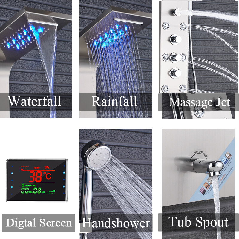 Shower Panel Tower System LED Rain&Waterfall Massage Jet Spraye Stainless Steel