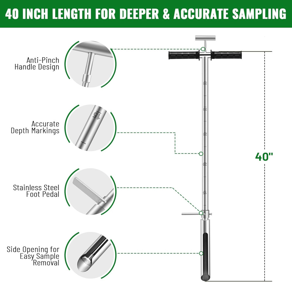 40 Inch Soil Sampler Probe, Stainless Steel Soil Core Sampling Tool with T-Handl