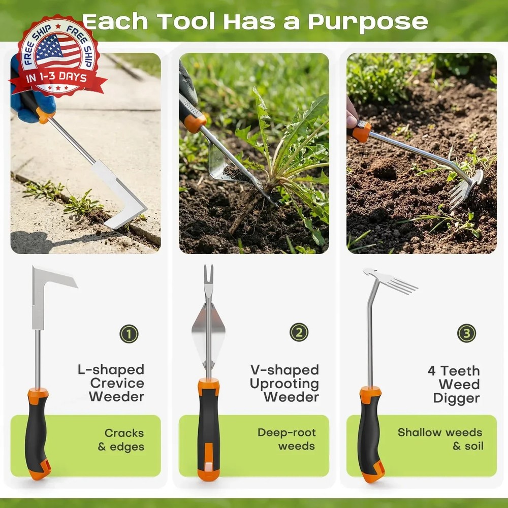 fishark Weed Puller Tool Set, 3 Pack Manual Weed Puller with Ergonomic Handle, S