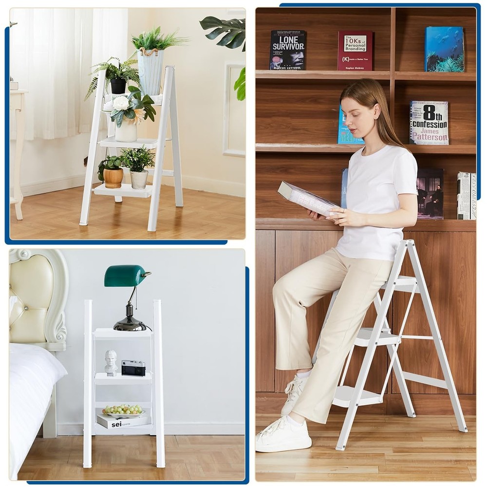Double Elite Step Ladder 3 Folding, Sturdy 330 Lbs Load 3-Step, White
