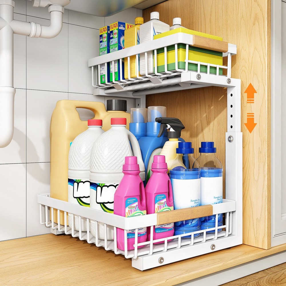 Under Sink Organizer, Adjustable Height, 2 Tier Pull Out Under Cabinet Organi...
