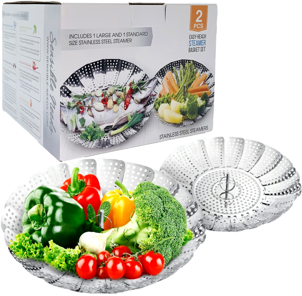 Sensible Needs Vegetable Steamer Basket Set Large & Standard Fold Expand Insert