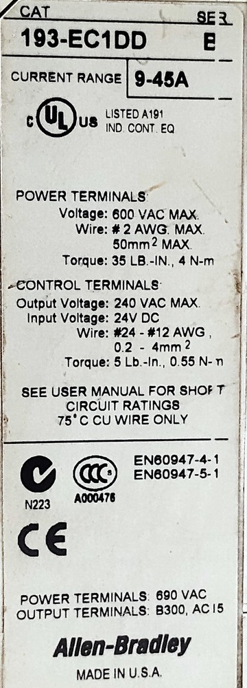 Allen-Bradley 193-EC1DD 9-45 A Solid State Overload Protection Relay