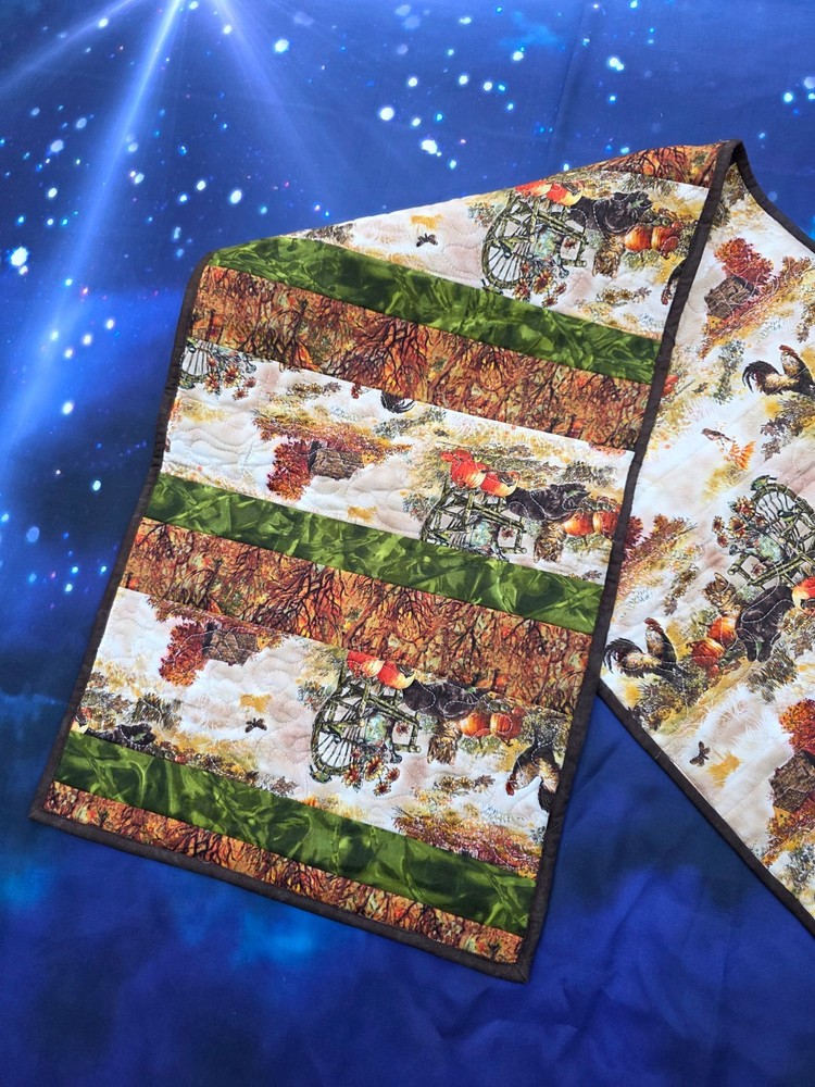 Handmade Quilted Table runner Thanksgiving Fall Autumn kittens chickens trees