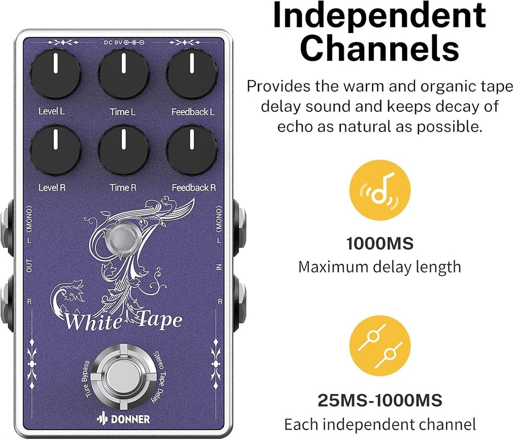 Donner White Tape Delay Pedal Effects Pedal 2 Channels Echo Effect True Bypass