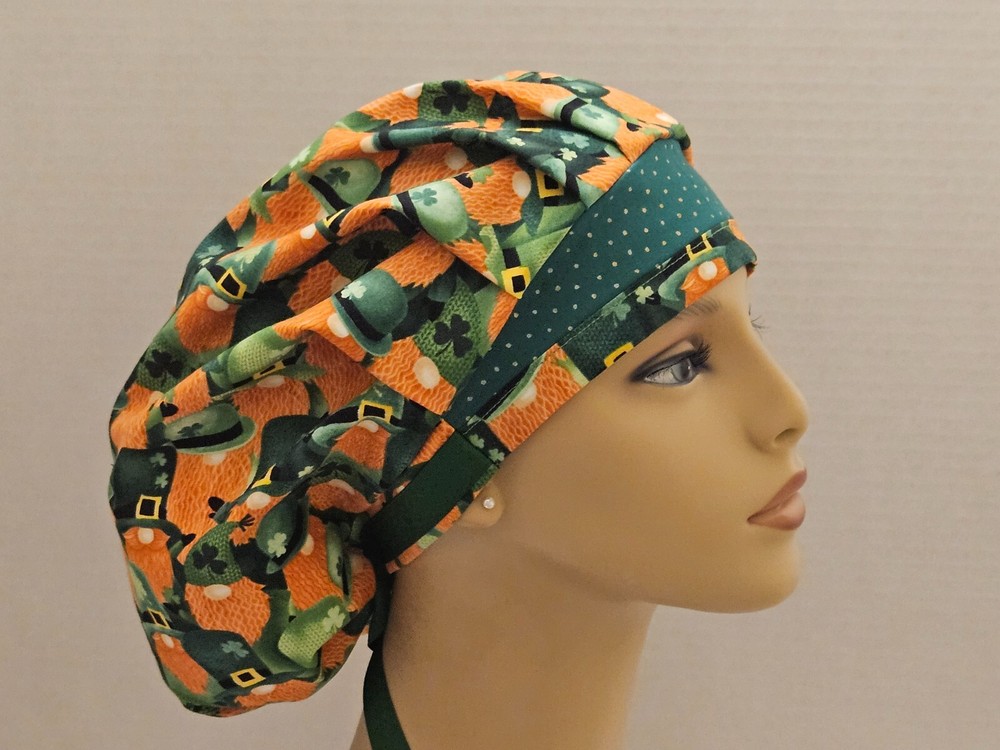 Bouffant/Ponytail Scrub Hat - St. Patrick's Gnomes