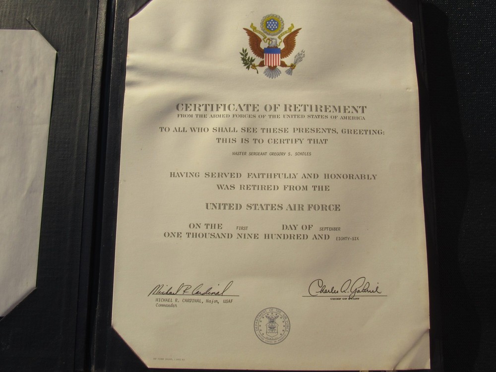 Original 1986 US Air Force Retirement Certificate Master Sergeant Gregory S