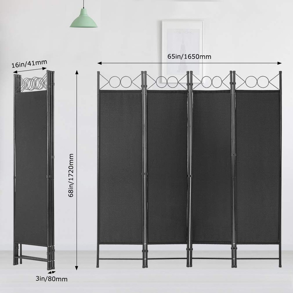 4 Panel Room Divider 6.8FT Steel Frame Screen Folding Privacy Black