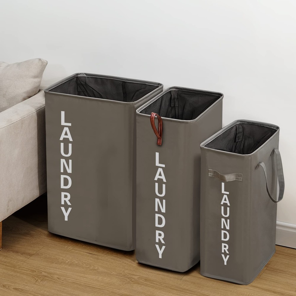 92L Grey Extra Large Standable Rolling Laundry Hamper Basket Wheels Leather