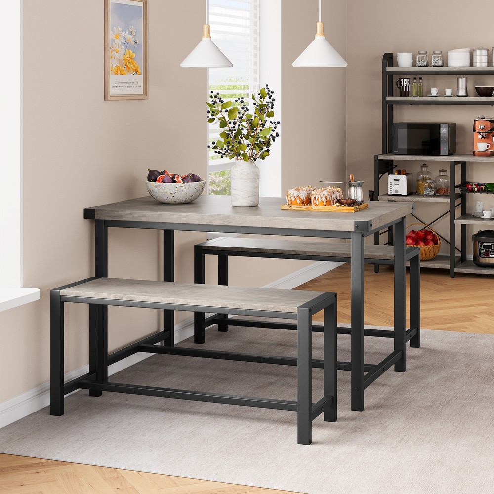3-Pieces Dining Table Set for 4, Kitchen Table with 2 Benches, for Small Space