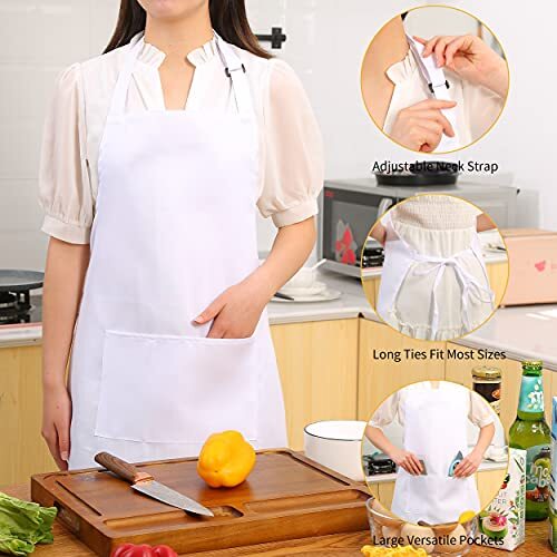 Pack Adjustable Bib Apron, Waterdrop Resistant Aprons with 2 Polyester-white