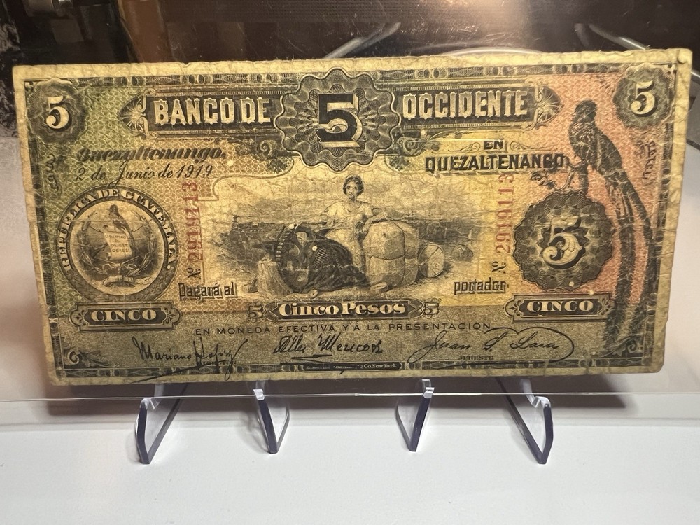 GUATEMALA 5 PESOS BANCO DE OCCIDENTE YEAR 1919