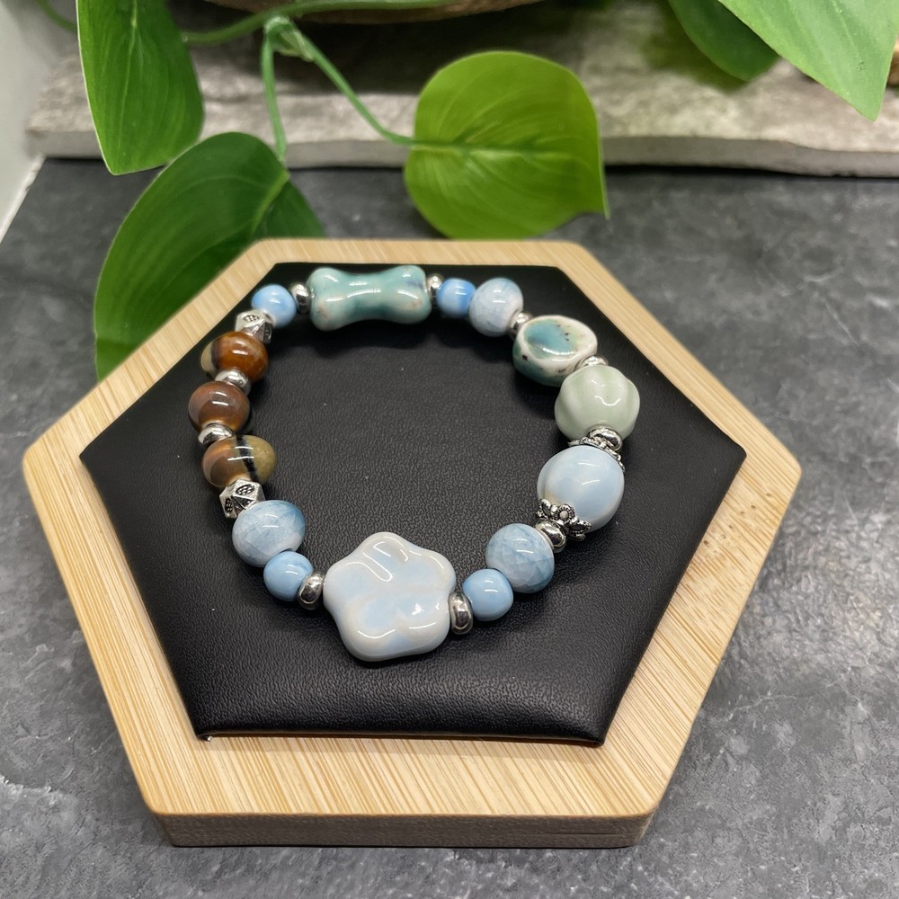 Handmade Ceramic Bead Beaded Stackable 6” Plus Stretch Bracelet New B398