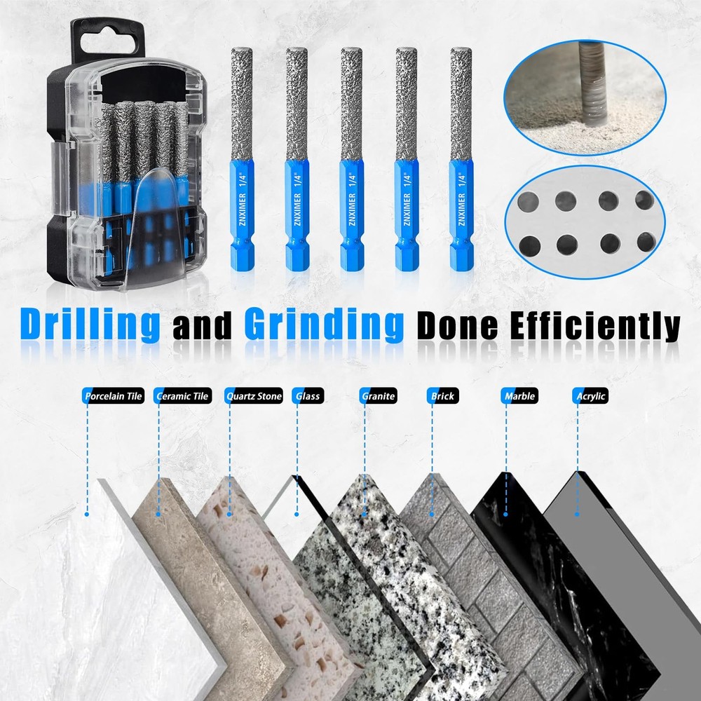 ZNXIMER Tile Drill Bits, 10pcs 1/4" Diamond Drill Bits for Ceramic Glass