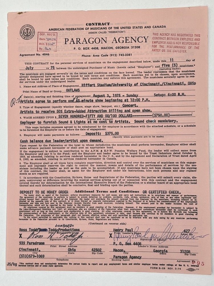 Outlaws Concert Contract 1975 Cincinnati OH