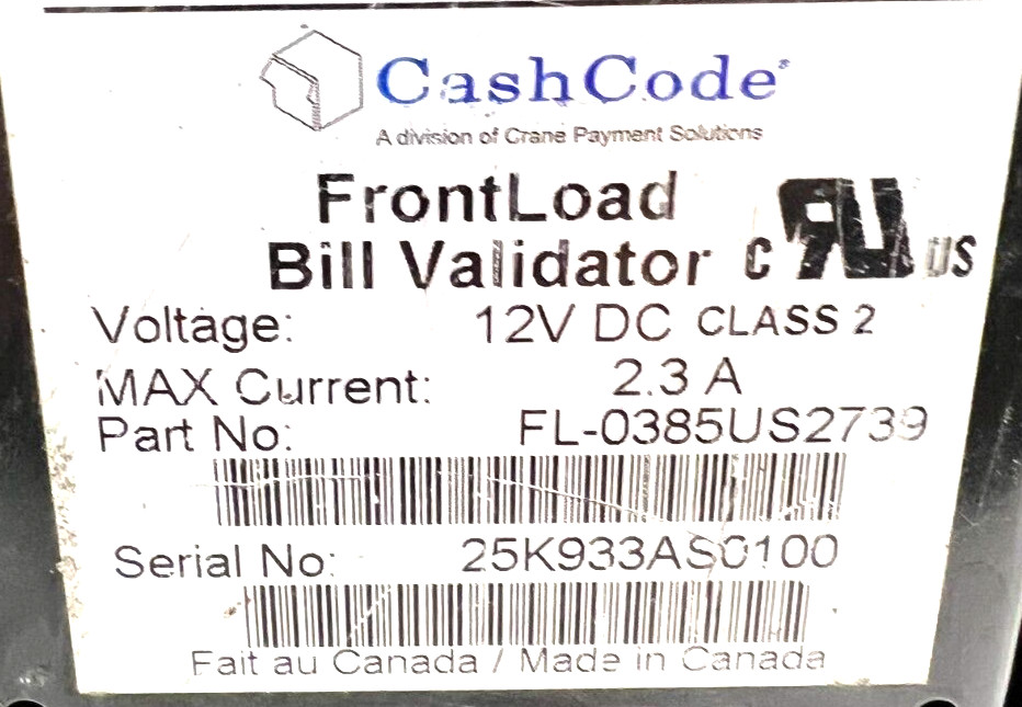 CASH CODE FRONT LOAD BILL VALIDATOR FL-0385US2739
