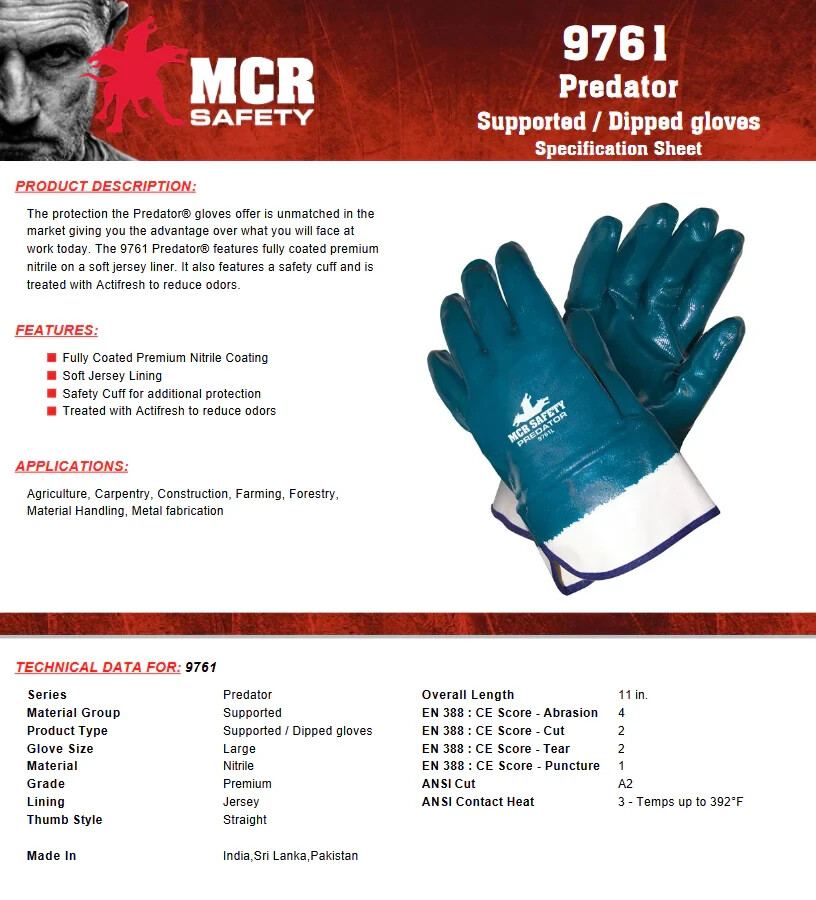 12 PR. 9761 MCR Predator Series Fully Coated Smooth Nitrile Work Gloves LARGE