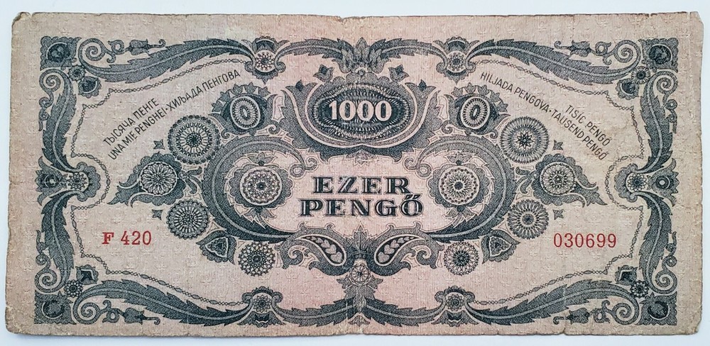 HUNGARY 1000 PENGO 1945 BANKNOTE WITH STAMP NICE !!!