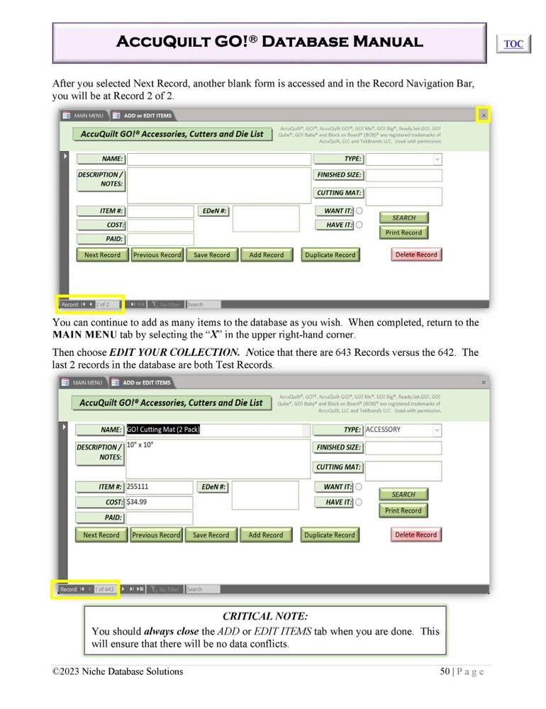 AccuQuilt GO! Accessories, Cutters & Dies Pre-Loaded MS ACCESS Database & Manual