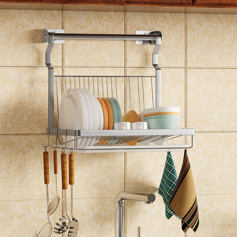 over Sink Dish Drainer Drying Rack, Stainless Steel Foldable Wall Mounted Dish R