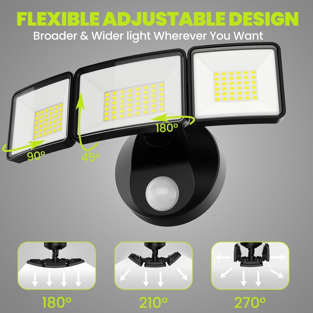 7500LM LED Security Light Motion Sensor Outdoor Lights, Adjustable 3 Head LED