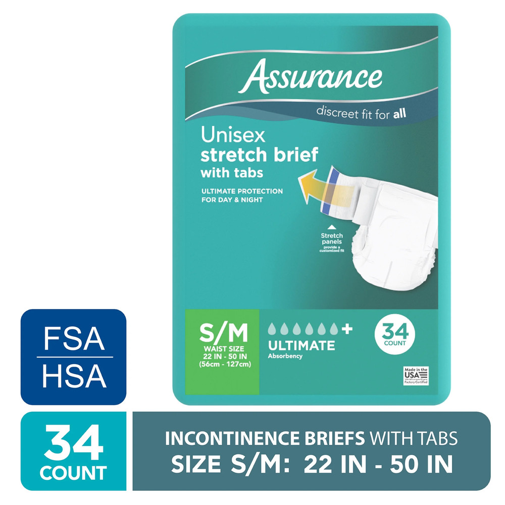Assurance Unisex Stretch Briefs with Tabs, S/M, 34 Count