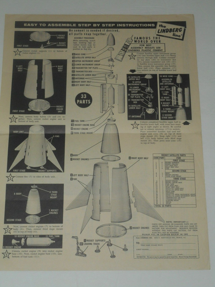 LINDBERG SATELLITE Three Stage Rocket Launcher Model No. 1004 Instructions ONLY!