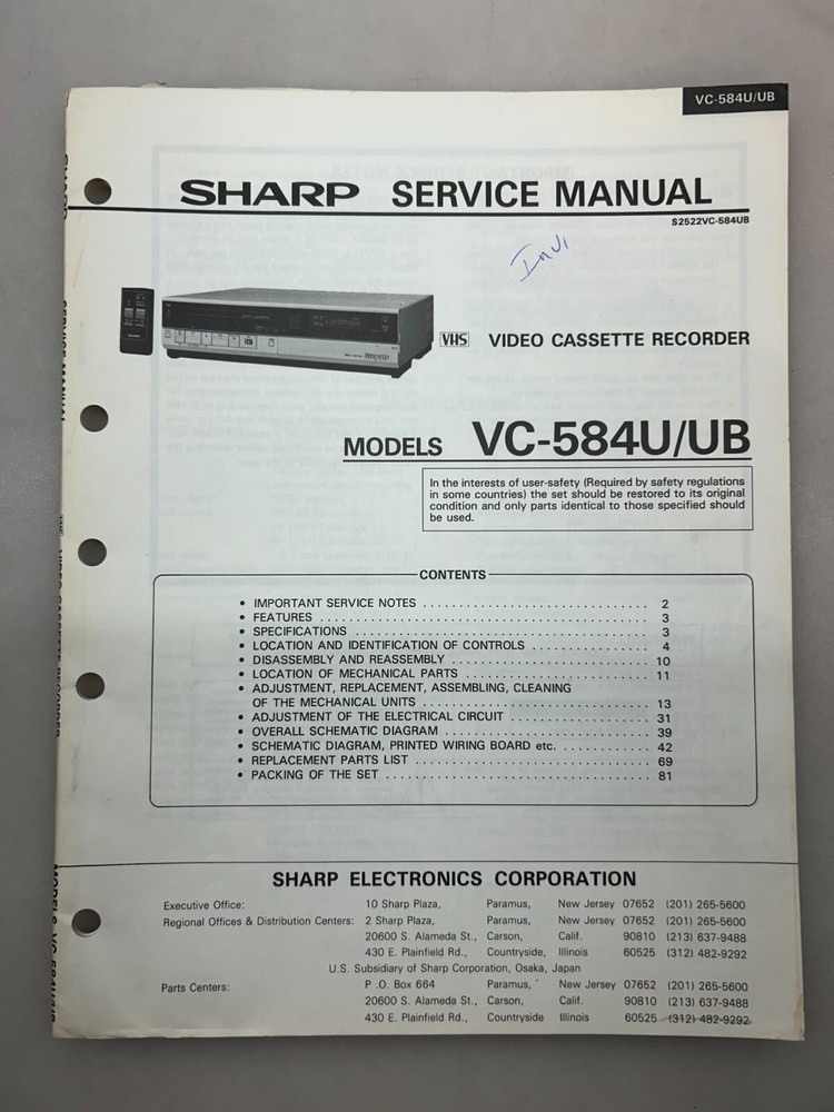 Sharp VC-584 Original Service Manual Free Shipping