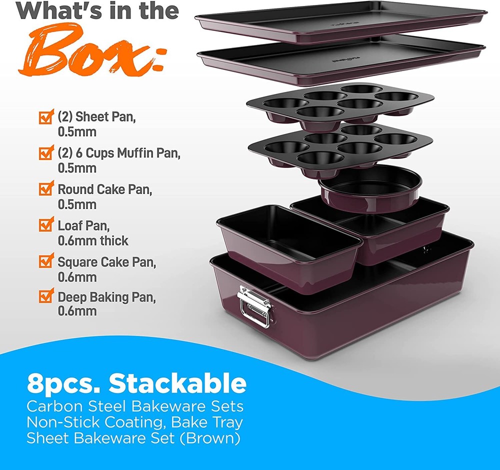 Nutrichef NCBKSTK5 8Pc Stackable Carbon Steel Bakeware-Red