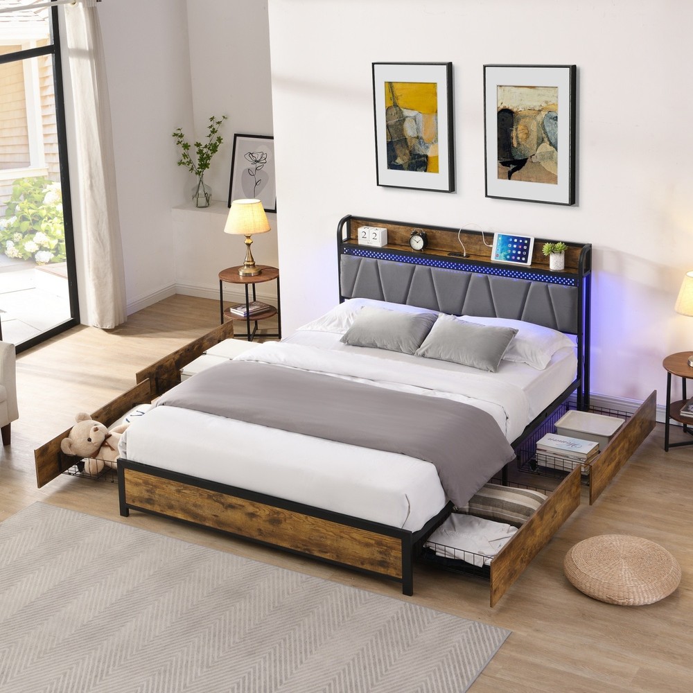 Full/Queen Size Platform Bed Frame w/ 4 Drawer & Storage Headboard & LED Lights