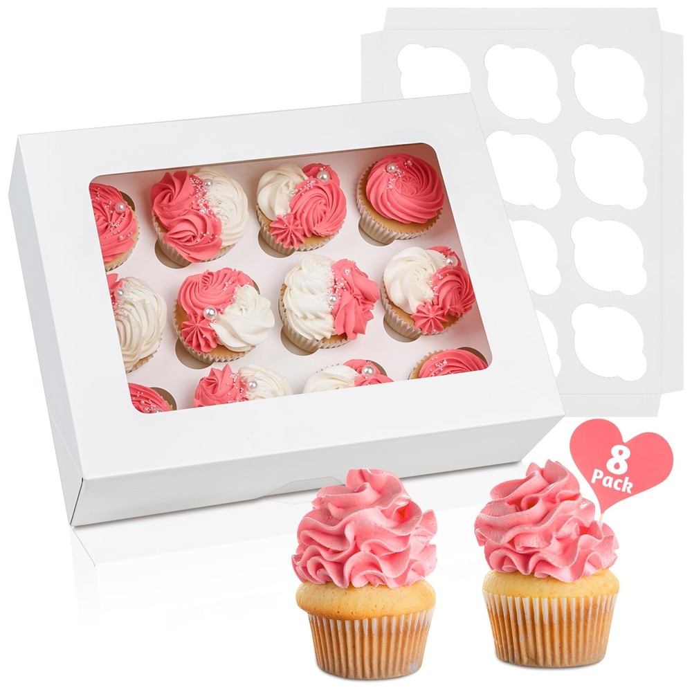 12 Count Cupcake Boxes 8 Pack Auto-Popup White Containers with Window