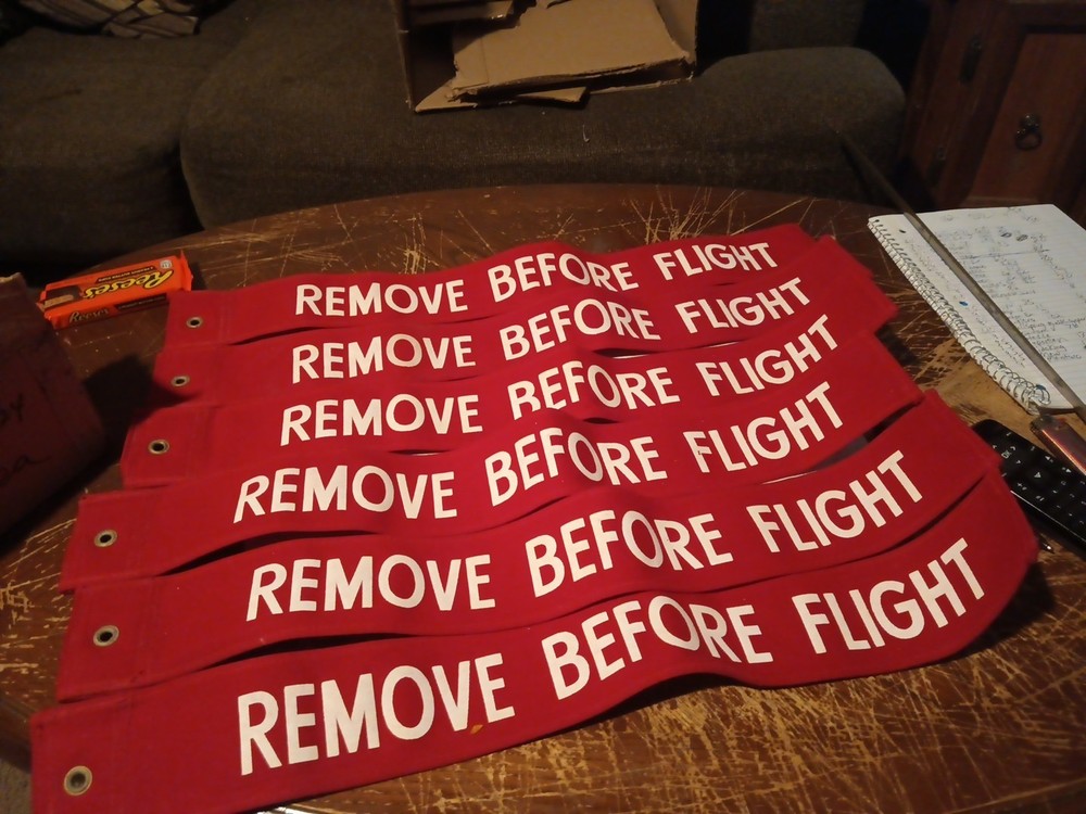 REMOVE BEFORE FLIGHT 1970'S ERA MATERIAL TAG BANNER 3 x 23.5 DIMENSIONS