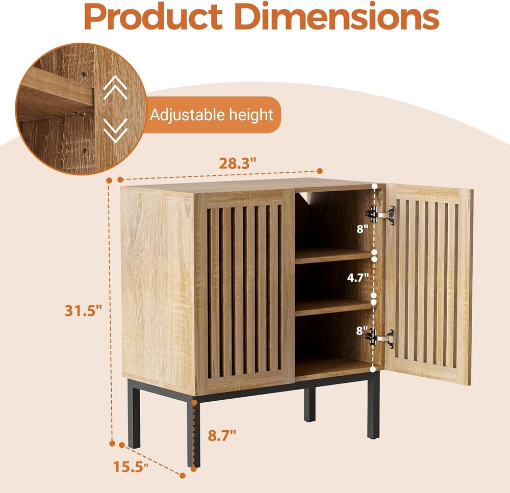 Grille Buffet Cabinet W/ Storage Sideboards 2 Doors W/ Metal Base & Adjustable