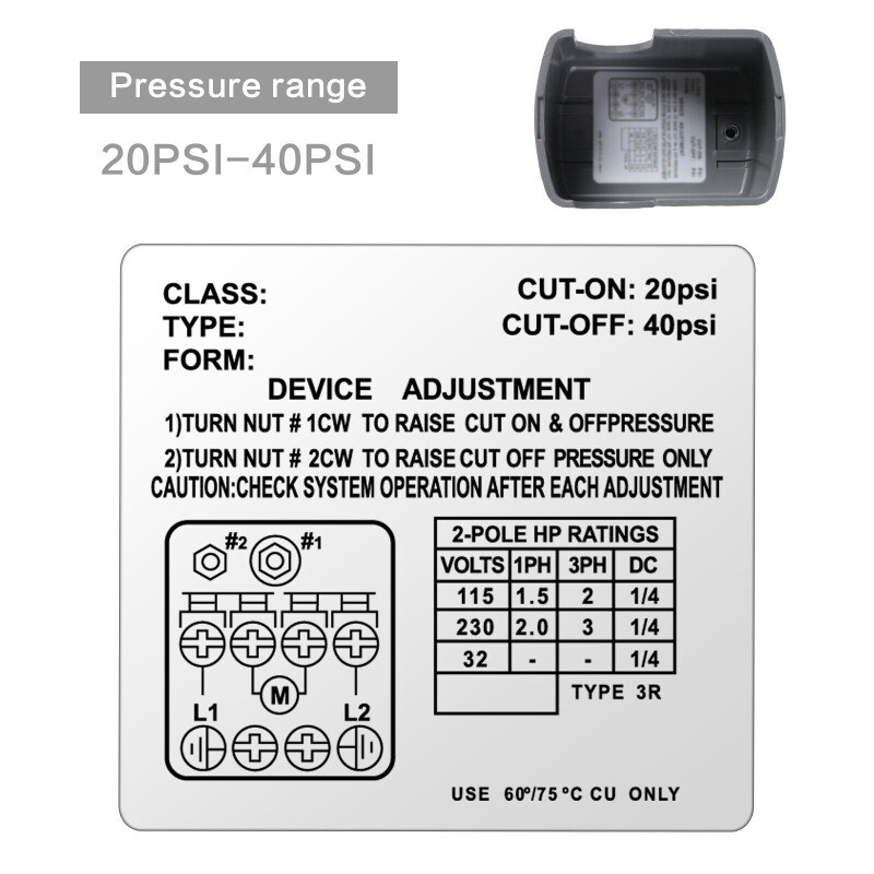 20-40 PSI Well/Water Pump Pressure Control Switch Adjustable Double Spring Pole