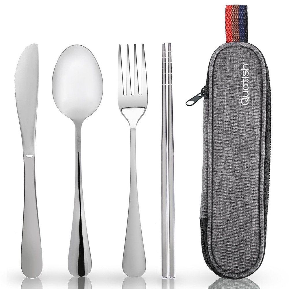 Silver Travel Utensils Set, Case, Portable Silverware, Fork, Spoon, Camping
