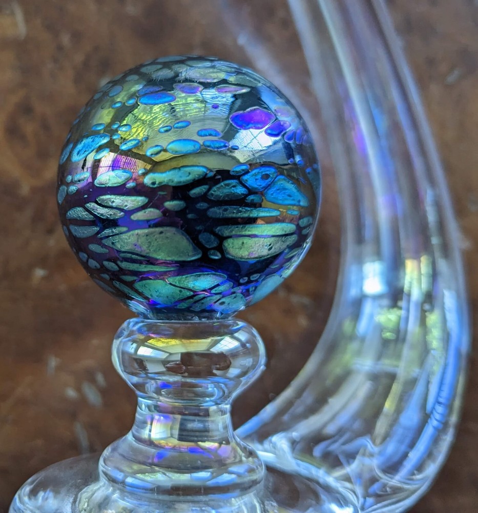 Handblown Clear Glass Candlestick With iridescent Orb 9.5"