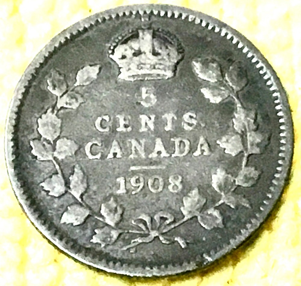 1908 Canada 5 Cents .925 Silver KM #13, Large 8