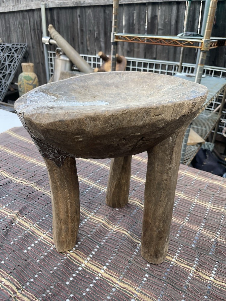 Antique Handmade Wooden Stool Primitive Rustic Three-Legged Brown