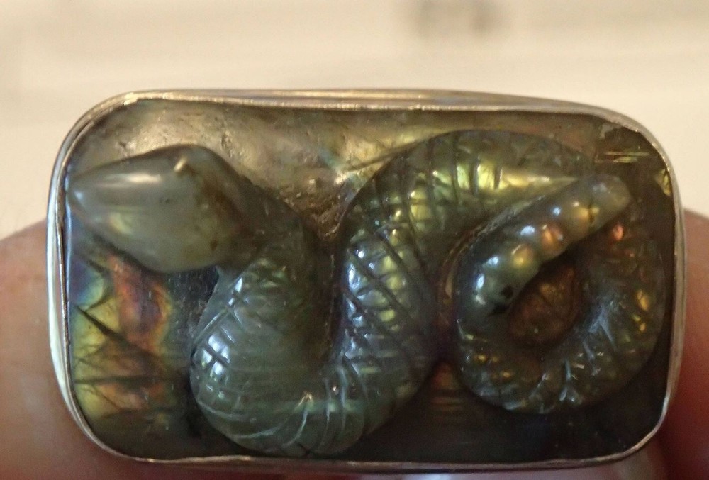 Carved Labradorite Snake Sterling Silver Ring. Adjustable