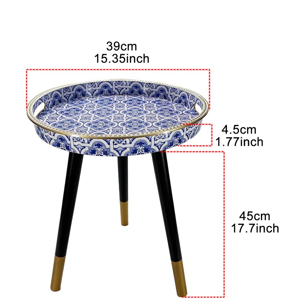 Round Accent Side Table Blue White Pattern Gold Trim Removable Legs