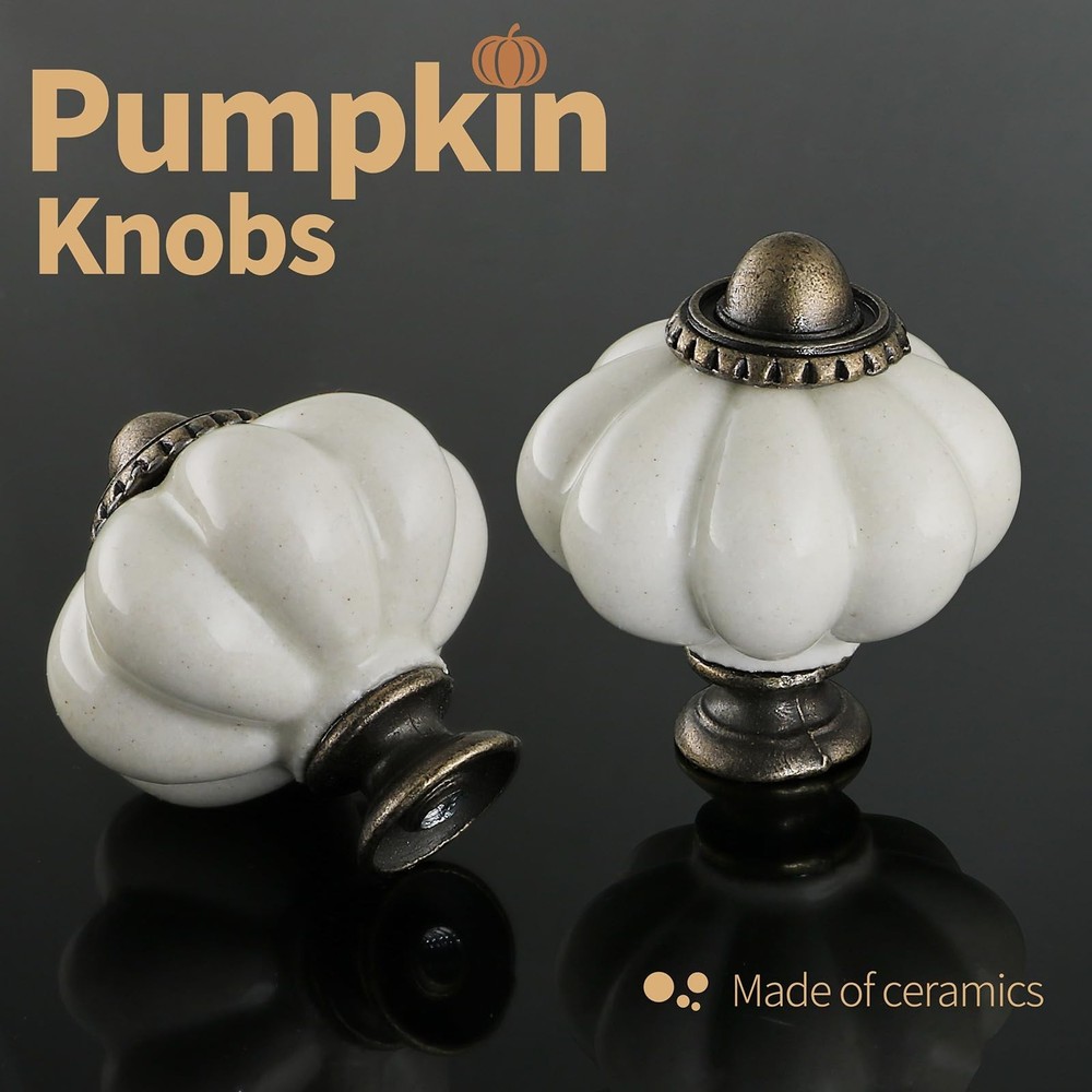 Antique White Pumpkin Knobs 6 Pack Ceramic Cabinet Knobs Vintage Drawer Pulls...