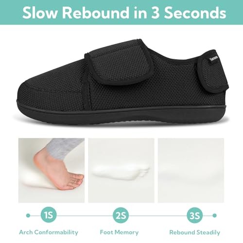Men's Diabetic Wide Width Adjustable Slippers with Memory Foam and 10 Black