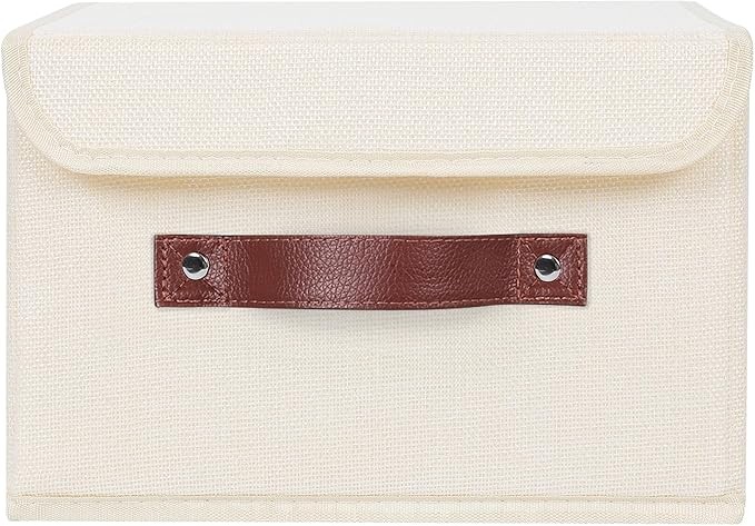Storage Bin Lid PU Leather Handle Foldable Cotton Linen Beige Small