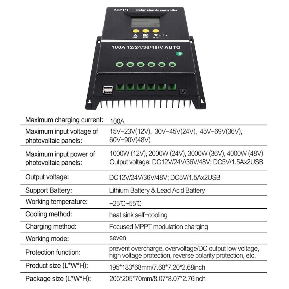 100A MPPT Solar Charge Controller Max 100V Input Dual USB for Lead-Acid/Lithium