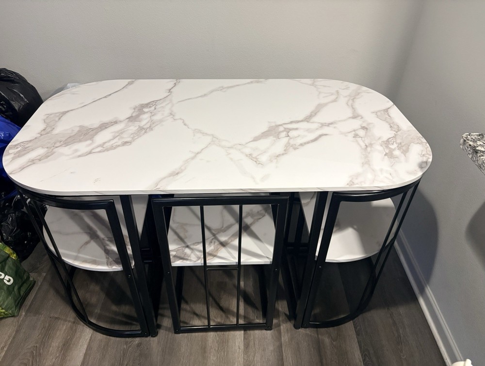 7Piece Marble Pattern Dining Set Space Saving Modern Rectangular Table 6 Chairs