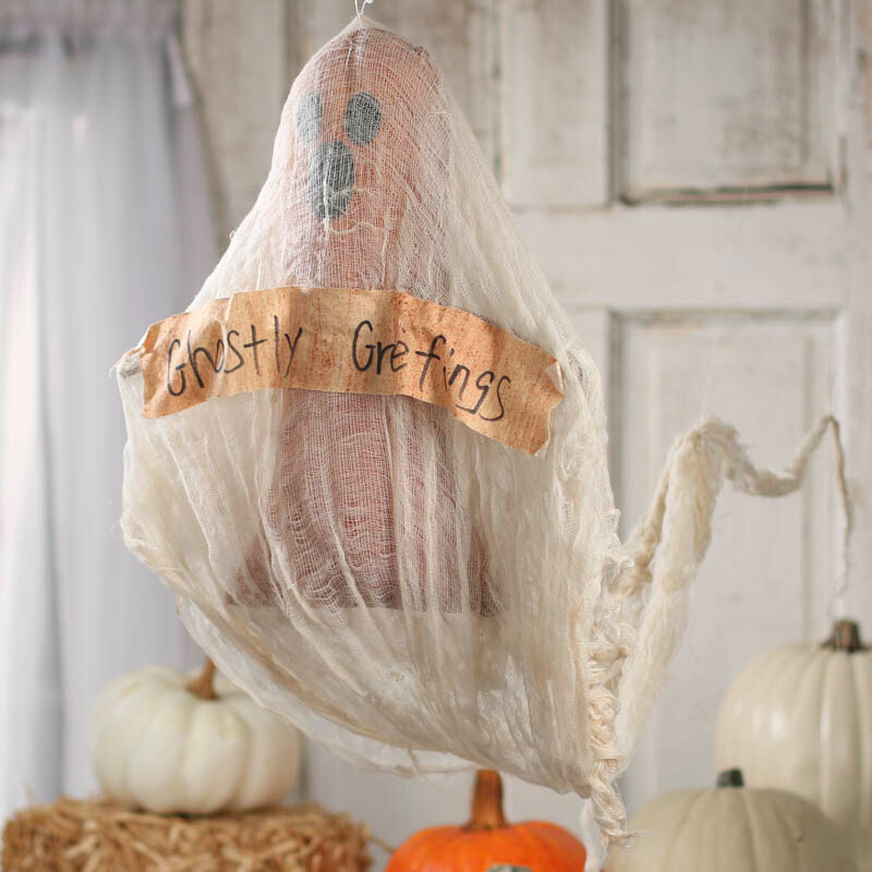 14" Tall Primitive "Ghostly Greetings" Halloween Decorative Ghost