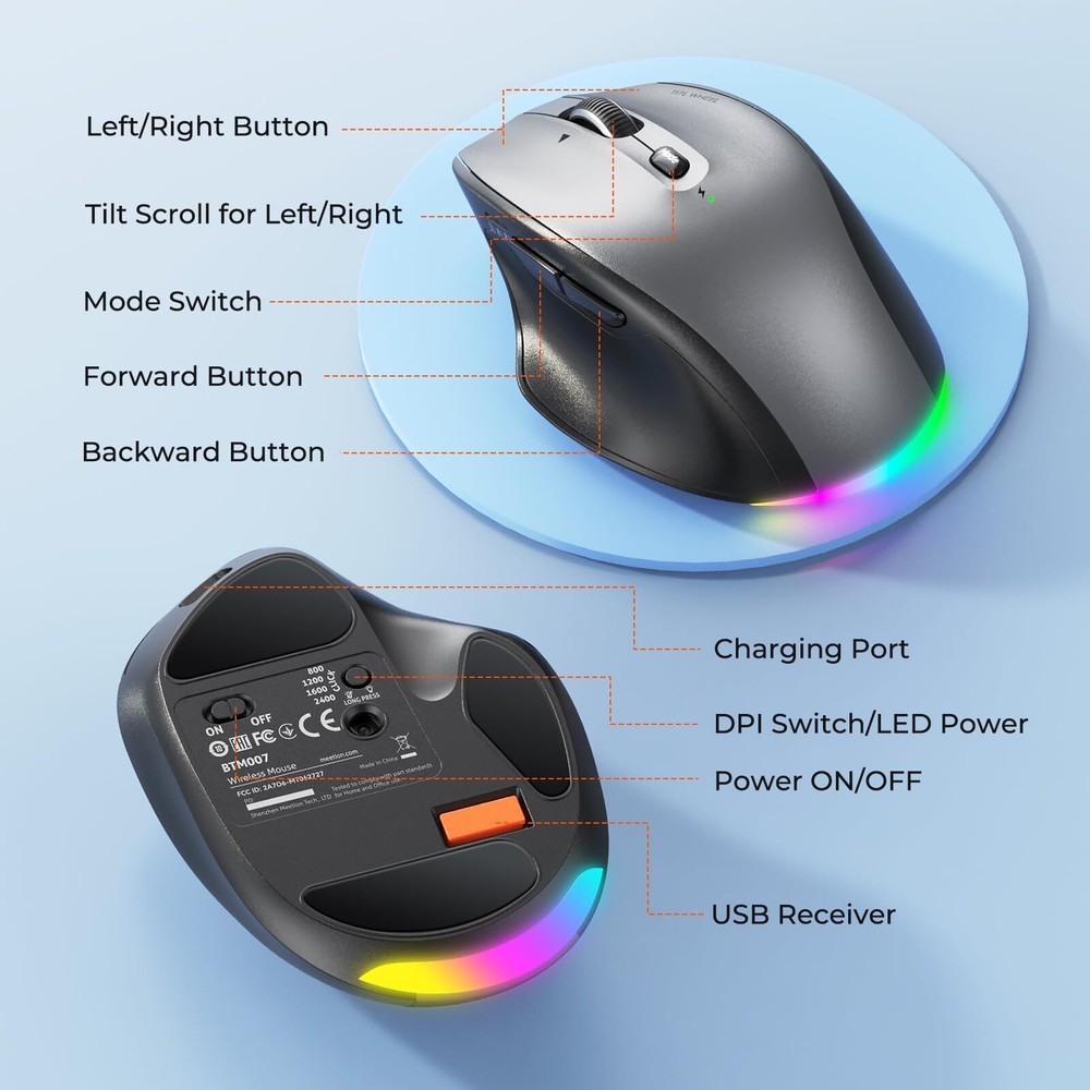 Wireless Bluetooth Mouse LED Rechargeable Ergonomic Mouse with Muitl Mode 2.4...